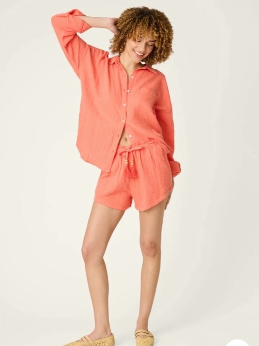 Sea You in Capri Hot Coral Long Sleeve Gauze Top Size M Beachy Resort Lounge